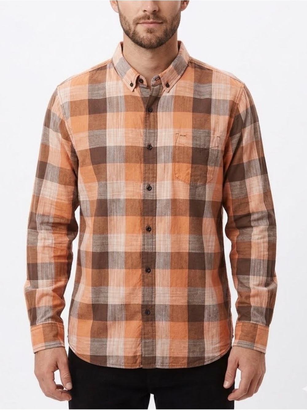 Obey Mens XL Long Sleeve Plaid Button Up Streetwear Orange Brown Buffalo Check